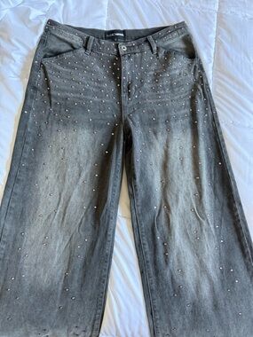 Fashion Nova Gray Wide-Leg Jeans with Rose Gold Studs